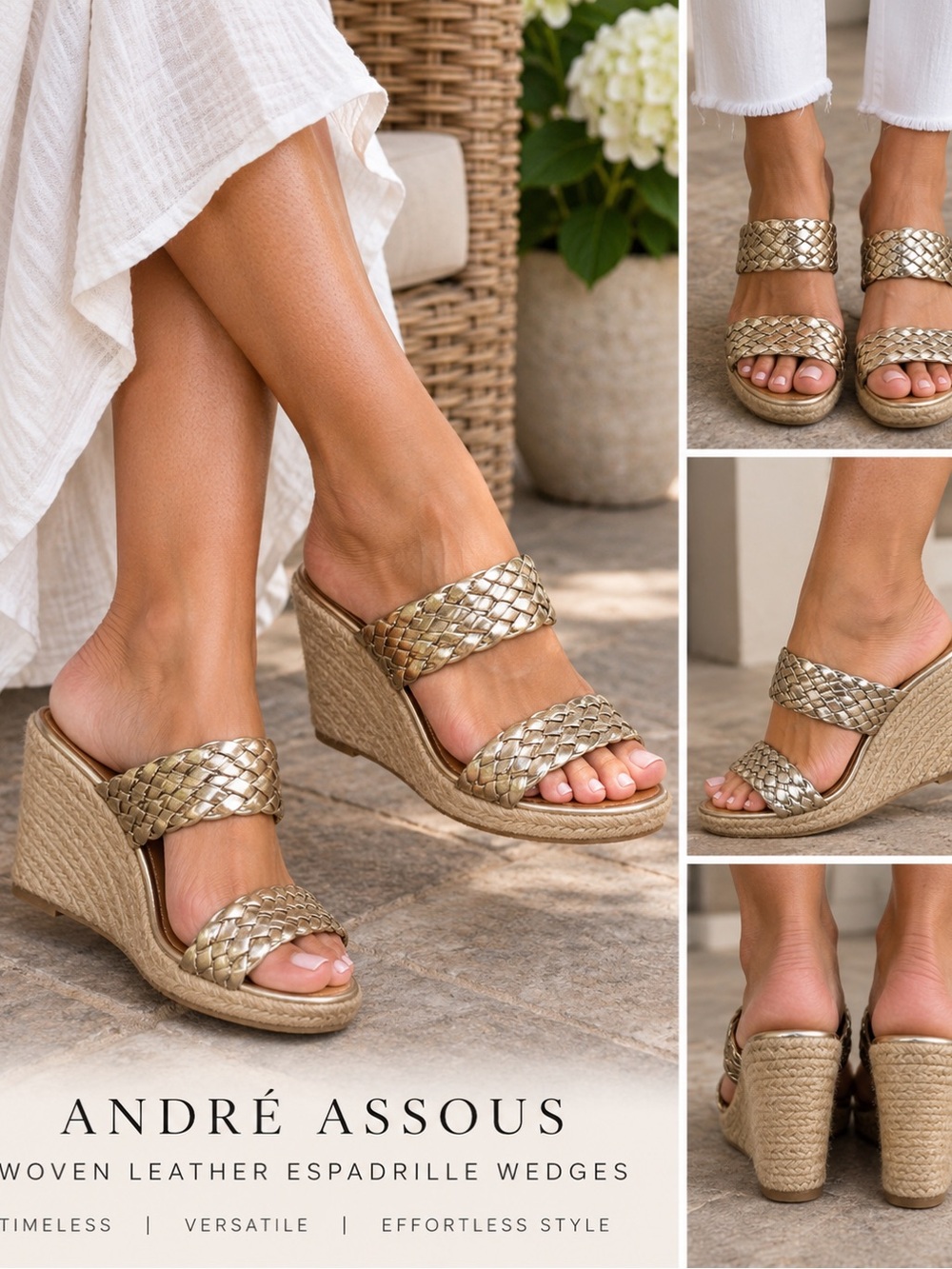 Andre Assous Metallic Gold Woven Leather Espadrille Wedges